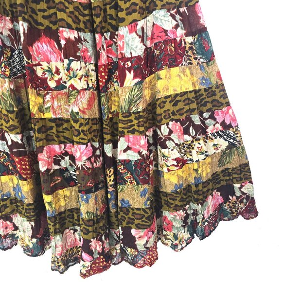 Vintage 80s 90s Brown Animal Floral Patchwork Boho Gypsy Maxi Broom Skirt - Picture 5 of 9